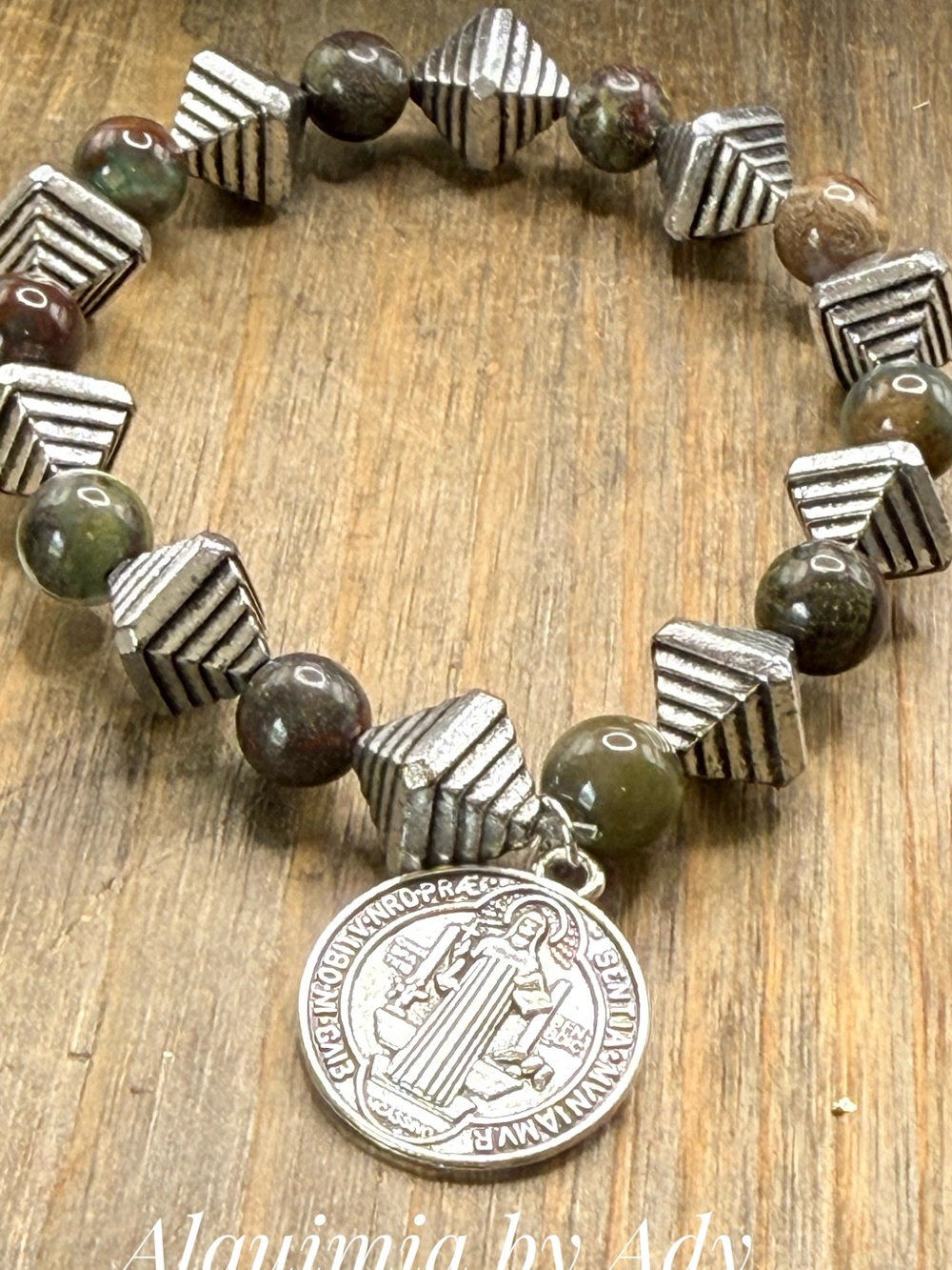 BOHEMIAN + OLIVE + Blood agate beaded bracelet/ chunky silver Saint Benedict